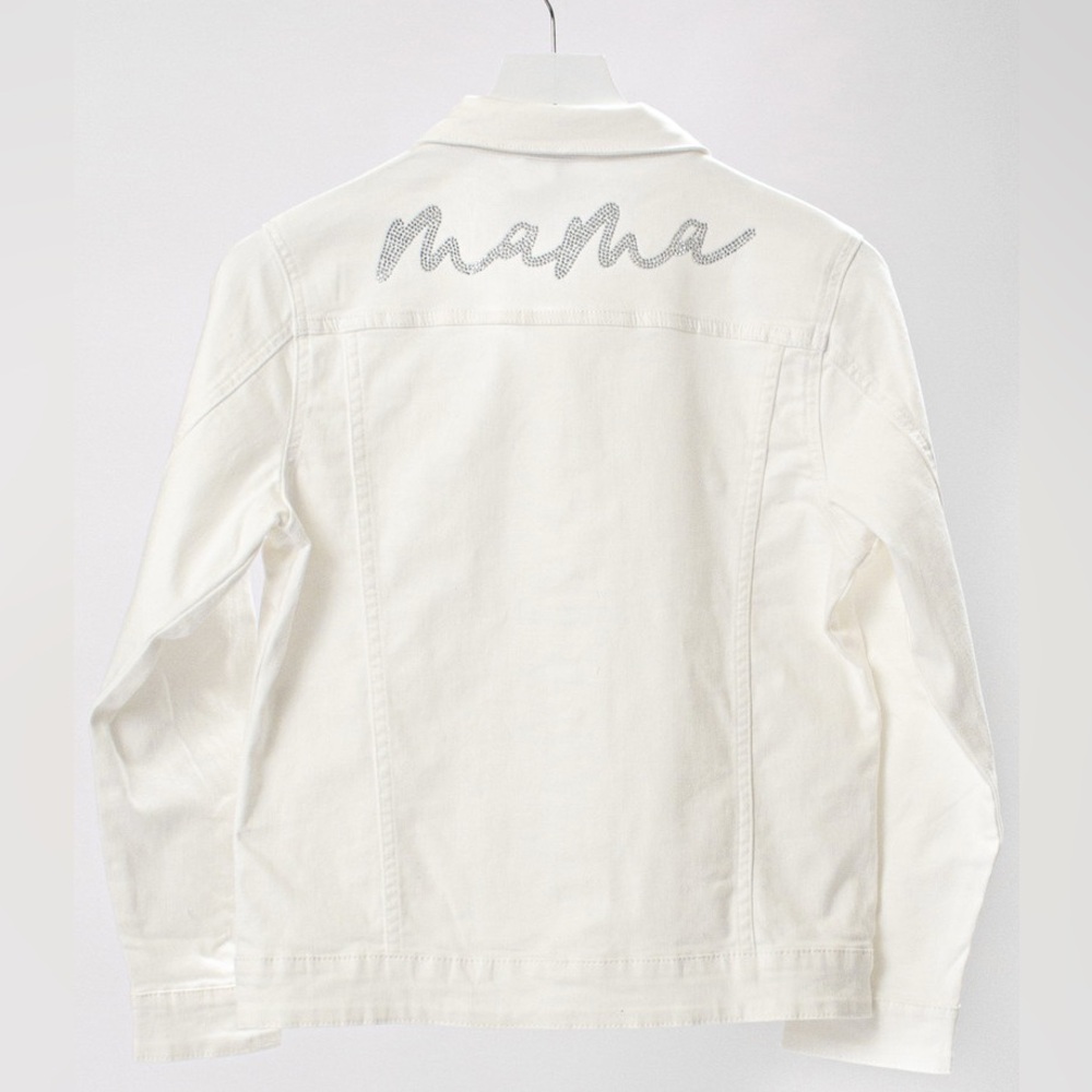 LeLaLo Rhinestone Mama White Jean Jacket Casual Style NWT - Large